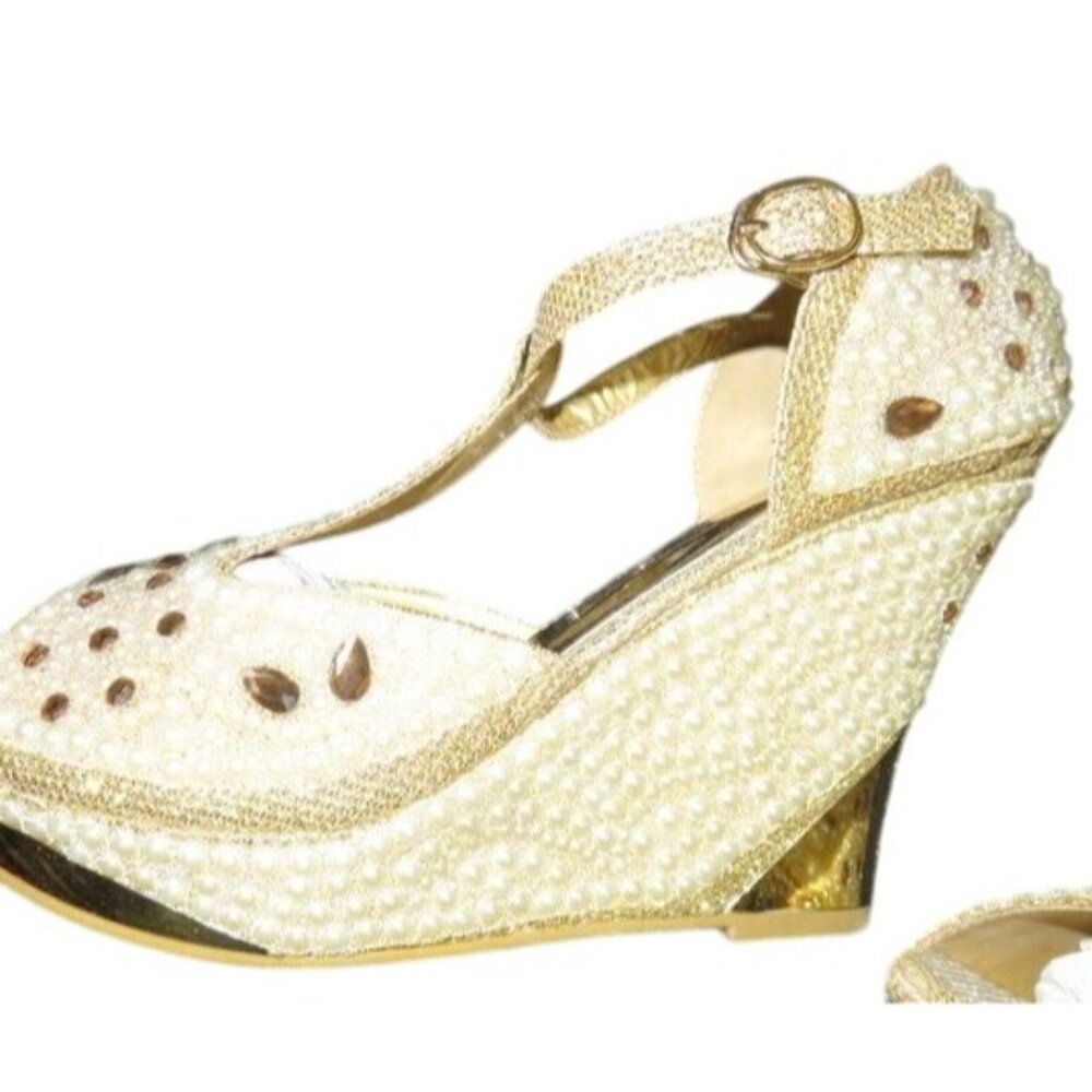 Rhinestone Pearl Embellished Metallic Gold Platform T strap Wedges sz 38 - Picture 5 of 10